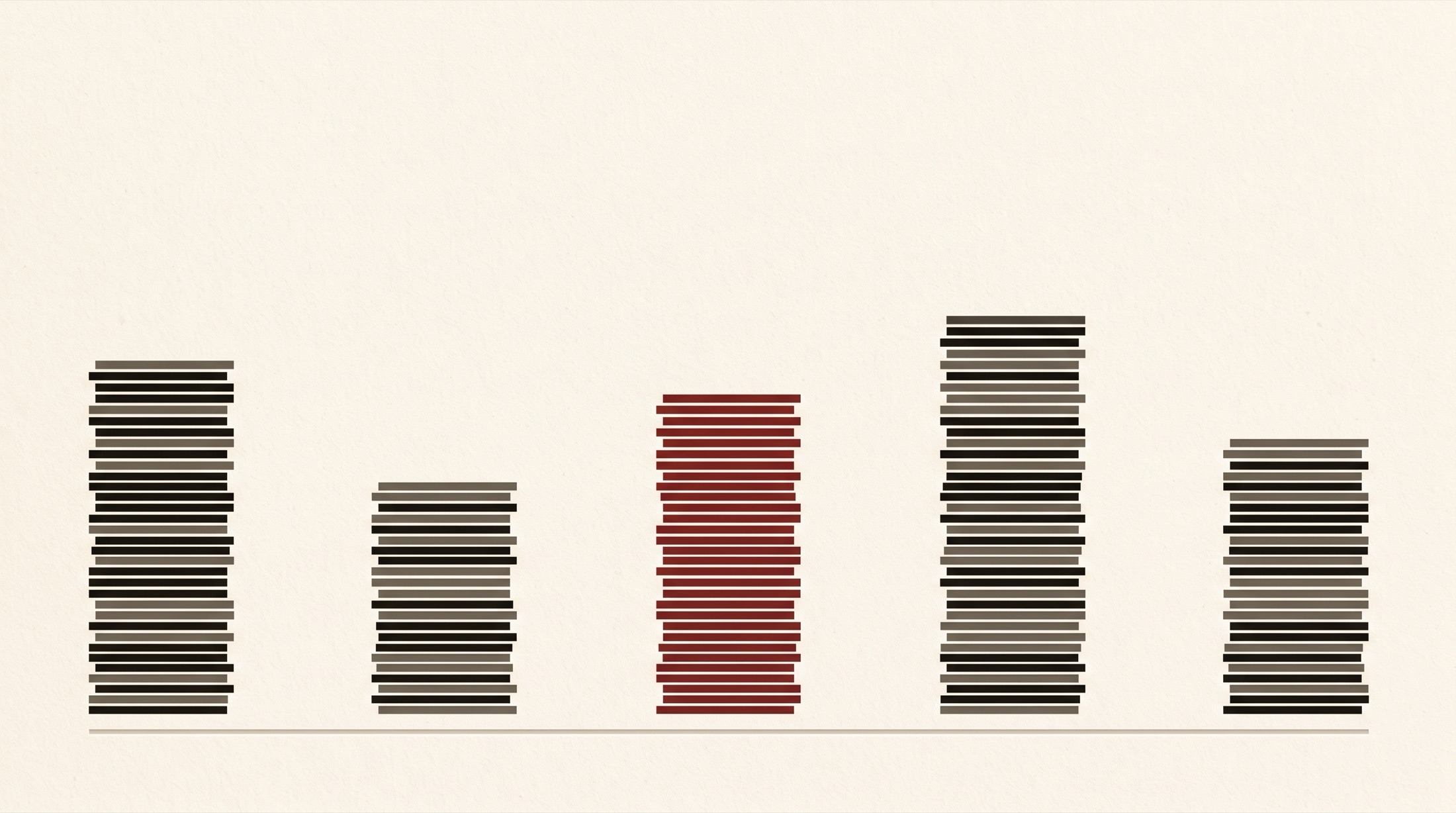 Five vertical stacks of thin horizontal bars on a cream ground, each stack suggesting a pile of documents seen edge-on. Four stacks are ink black and warm grey. The middle stack is deep oxblood red.